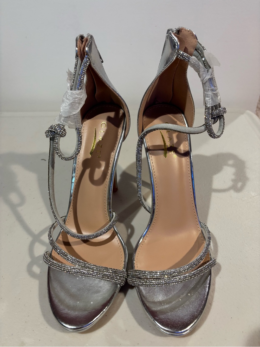 Glaze Silver Rhinestone Ankle-Strap High Heels
